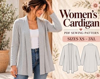 Schnittmuster für eine leichte Damenstrickjacke (PDF), Größen XS-3XL, anfängerfreundlich (digitaler Download)