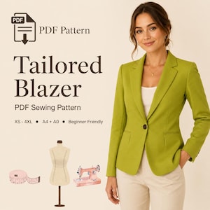 May include: A woman wearing a lime green tailored blazer. The image includes a PDF pattern graphic with the text "Tailored Blazer PDF Sewing Pattern" and size options XS-4XL. Additional elements include a dress form, sewing machine, and measuring tape.