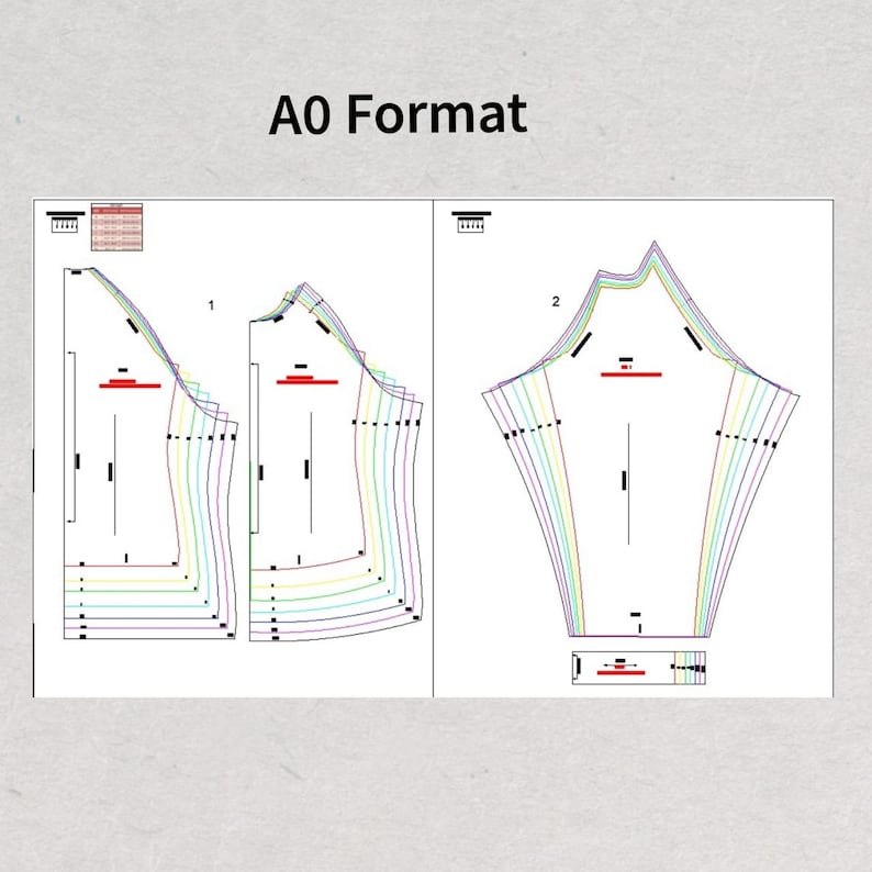 K&ouml;nnte beinhalten: Schnittmuster im A0-Format mit mehreren Schnittteilen. Die Teile sind mit farbigen Linien markiert, darunter lila, gelb und gr&uuml;n. Der Text "A0 Format" befindet sich oben im Bild.
