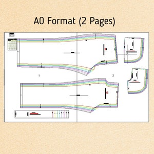May include: A sewing pattern layout on white paper, showing garment pieces with coloured lines and markings. The text "A0 Format (2 Pages)" is at the top. The pattern is designed for garment construction.