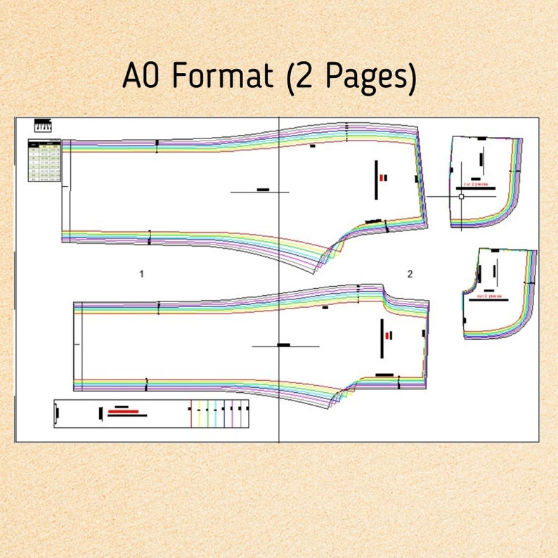 May include: A sewing pattern layout on white paper, showing garment pieces with coloured lines and markings. The text "A0 Format (2 Pages)" is at the top. The pattern is designed for garment construction.