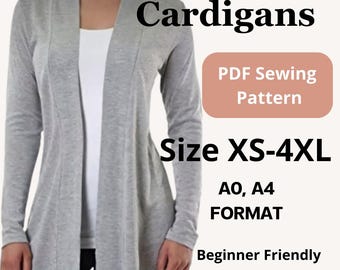 Cardigan sewing pattern PDF  | Sizes XS to 3XL | A4 A0 Printable Digital  Download | Easy pattern for beginner