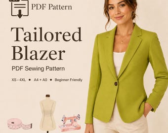 Naaipatroon blazer pdf: damesmaten XS-4XL (afdrukbare digitale download A4/A0)