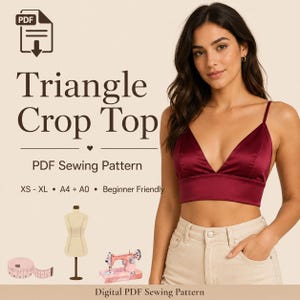 以下が含まれることがあります： 三角形のクロップトップのデジタルPDF縫製パターン。画像には「Triangle Crop Top」、「PDF Sewing Pattern」、「XS-XL」、「A4+A0」、「Beginner Friendly」、「Digital PDF Sewing Pattern」というテキストと、マネキンとミシンのアイコンが含まれています。