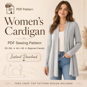 Patrón de costura de cárdigan en PDF: ideal para principiantes, tallas XS-3XL (descarga digital imprimible A4/A0)