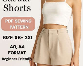 Naaipatroon casual shorts PDF | Maten XS-3XL | A4 A0 afdrukbare digitale download | Eenvoudig patroon voor beginners