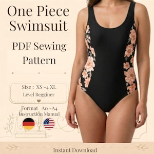 Könnte beinhalten: Ein PDF-Schnittmuster für einen Badeanzug, schwarz mit seitlichen Einsätzen in Pfirsich-Blumenmuster. Der Text lautet One Piece Swimsuit, PDF Sewing Pattern, Size: XS-4XL, Level Beginner, Format A0-A4 Instruction Manual, Instant Download.