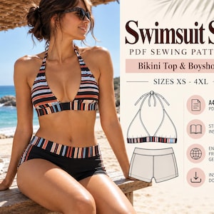 Könnte beinhalten: Ein PDF-Schnittmuster für ein Badeanzug-Set mit Bikini-Oberteil und Boyshorts in den Größen XS bis 4XL. Das Set hat ein Streifenmuster in Schwarz, Weiß, Orange und Blau. Enthält A4- und A0-Dateien, Schritt-für-Schritt-Anleitungen und Sofort-Download.
