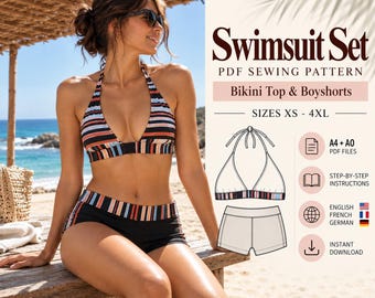 Zestaw wykrojów na kostium kąpielowy, top bikini i spodenki chłopięce w formacie PDF, stroje kąpielowe damskie, rozmiary XS-4XL, format A4 A0 do pobrania w formacie cyfrowym