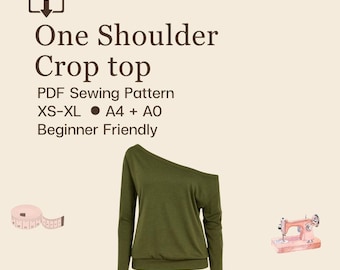 ワンショルダークロップトップの縫製パターン | XS～XL | すぐにダウンロード | 簡単デジタルPDF
