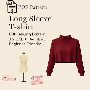 Patrón de costura para camiseta de manga larga / Talla XS a 3XL / Descarga instantánea / PDF digital fácil