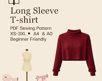 Wykrój na koszulkę z długim rękawem | Rozmiary od XS do 3XL | Natychmiastowe pobranie | Łatwy cyfrowy plik PDF