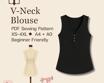 Vネックブラウスの縫製パターン / XS-4XL / 即時ダウンロード / 簡単デジタルPDF