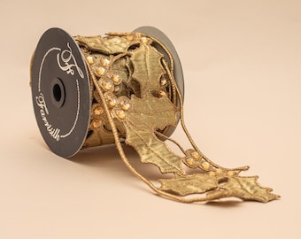 4 Inch Gold Holly Leaf Cutout Christmas Ribbon with Rhinestones | Designer Holiday Ribbon, Farrisilk Ribbon, Christmas Tree Decor