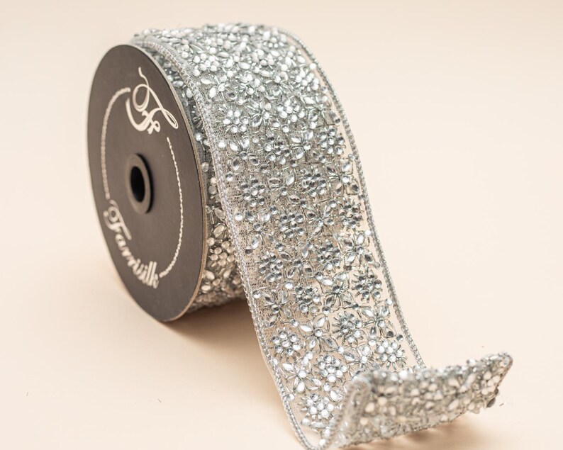 Jewled Ribbon Designer Silver Sheer Jewel Ribbon – 2.5