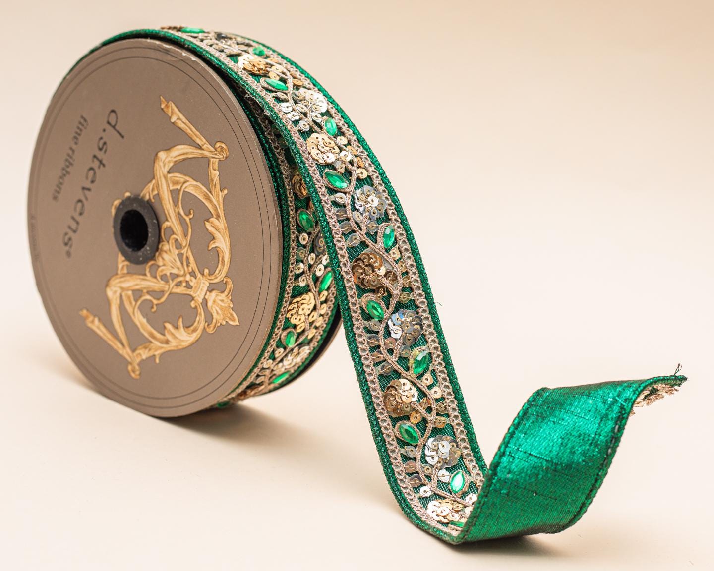 Jewled Ribbon Emerald Green and Gold Jeweled Ribbon – Sequin Floral Christmas Ribbon ...