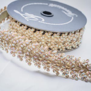 May include: A spool of decorative trim with a gold base and iridescent, leaf-shaped embellishments. The trim is partially unrolled, revealing the intricate design and texture. The spool is gray with white text.