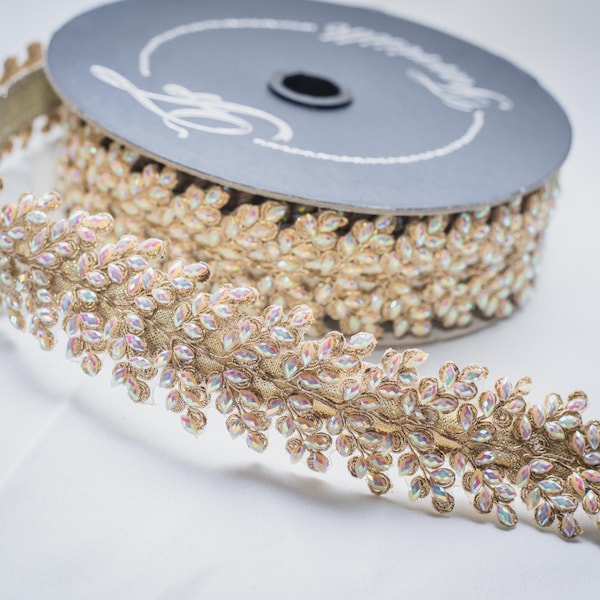 Iridescent Sparkling Jewel Ribbon, Designer Christmas Ribbon, Gold Bejewed Ribbon, Wired Christmas Ribbon, Farrisilk