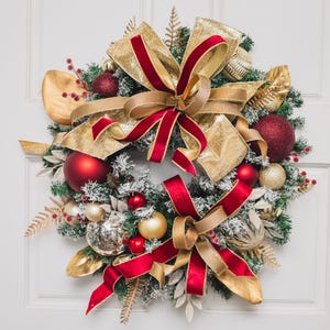Red and Gold Christmas Wreath , Flocked Christmas Wreath, Designer Holiday Decor, Red and Gold Christmas Decor