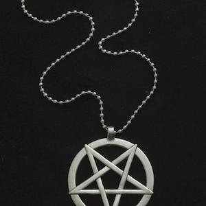 Large Pentagram Necklace On long 30inch Chain Pentacle Medallion Devil Unisex Silver