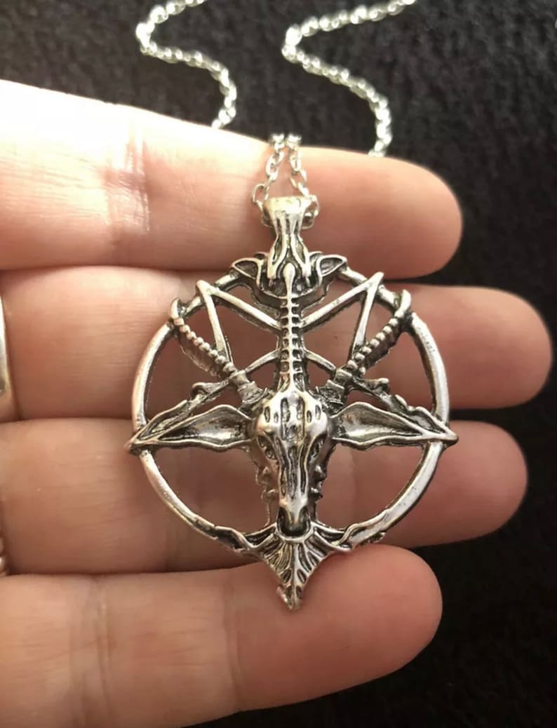 Collar con colgante del diablo en cadena de 18 pulgadas, cabeza de cabra satánica, pentagrama oculto, cadena de plata Baphomet