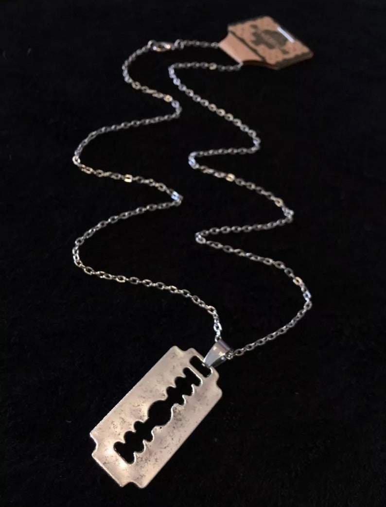 Bohemian Razor Large Razor Blade Necklace Boho Rockabilly Pendant 24 Inch Chain Gothic ...