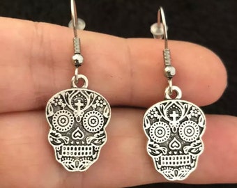 Brincos de caveira mexicana ganchos de aço inoxidável Day Of The Dead Silver Incomum Día de Muertos ou Día de los Muertos