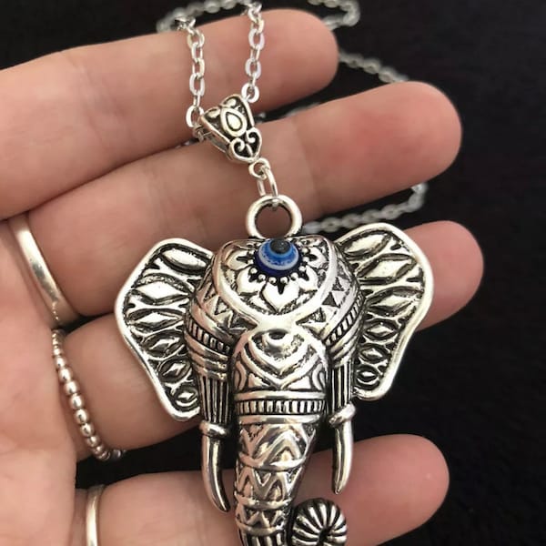 Large Indian Elephant Head Necklace Animal Pendant 30” chain Ganesh Statement