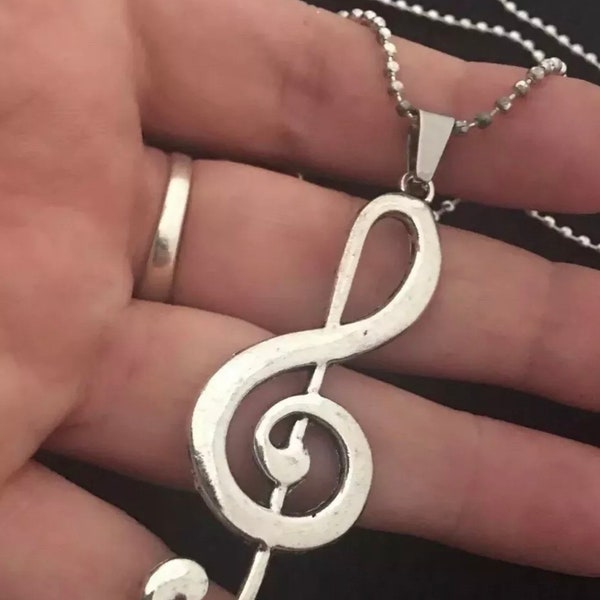 Large Music Note Necklace pendant 30inch Chain Silver Musical Treble Clef love UK