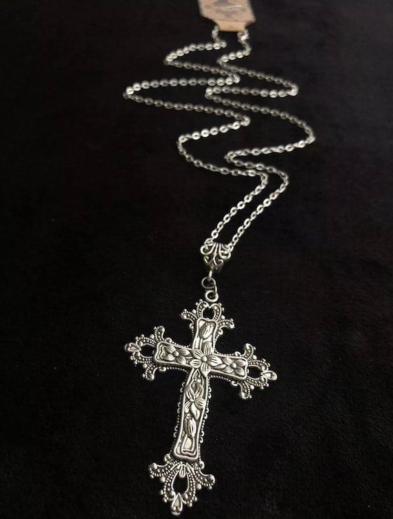 Giant Victorian Cross Necklace Long 30” Chain God Silver Religious