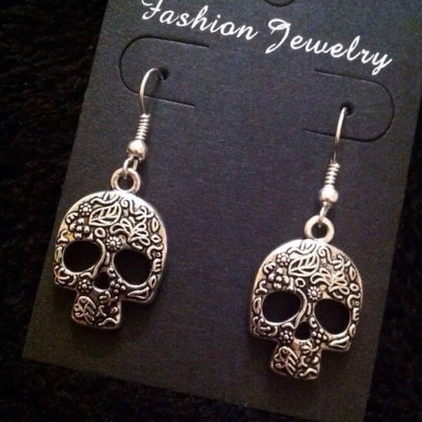 Sugar Skull Earrings stainless steel hooks Day Of The Dead Silver Unusual Gothic Flower Sugar Coco Mexican