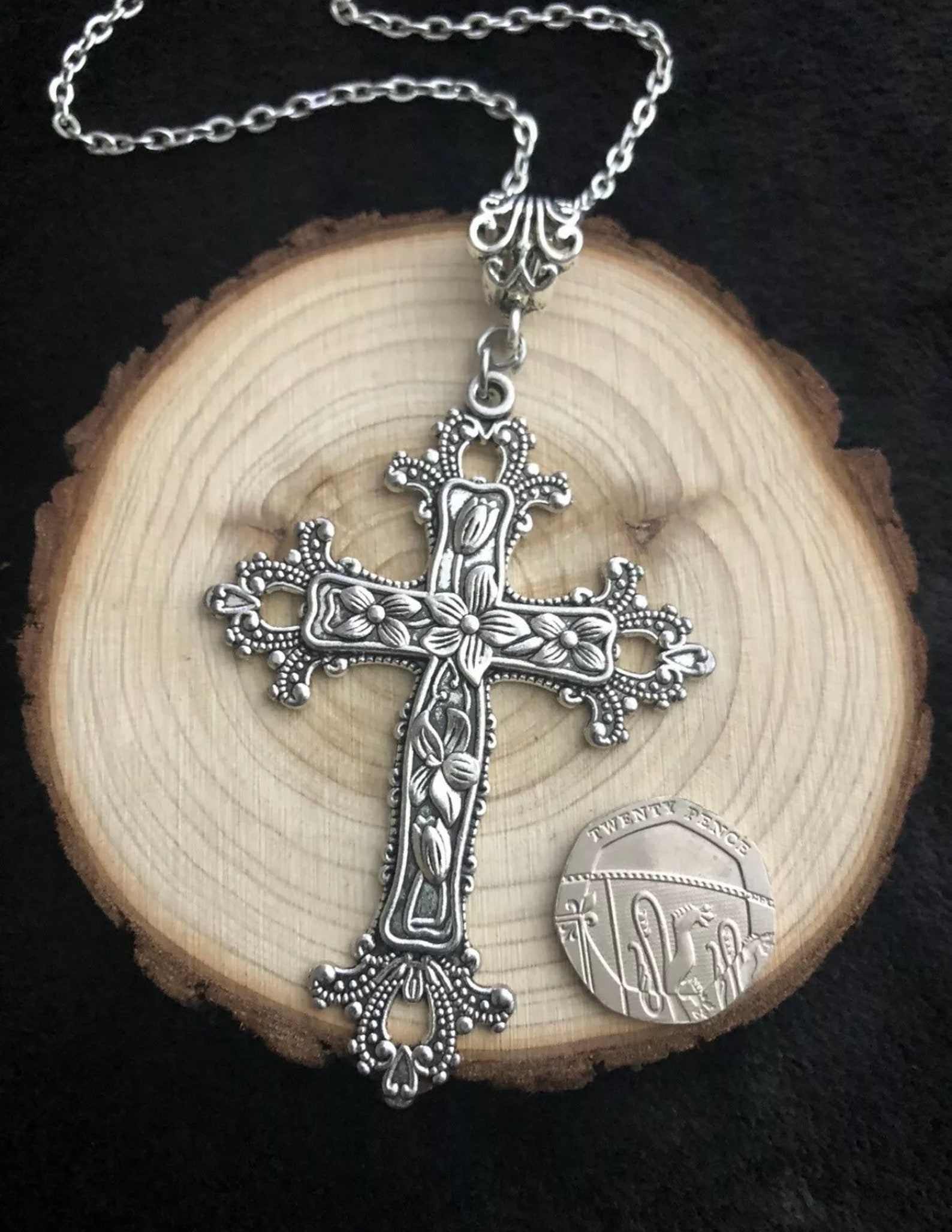 Large Victorian Cross Necklace Long 30” Chain God Silver Religious ...