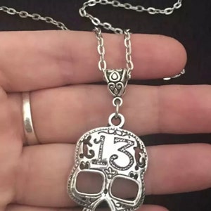 Lucky 13 Sugar Skull Necklace 24inch long chain day of the dead pendant Flower rose Mexican Flower Sugar Coco Mexican El Día De Los Muertos