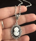 Vintage Lady Cameo Pendant Cabochon Black Necklace 18” Steampunk Woman Silver UK