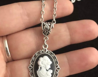 Vintage Lady Cameo Colgante Cabujón Collar Negro 18" Steampunk Mujer Plata Reino Unido