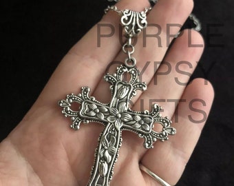 Large Victorian Cross Necklace Long 30” Chain God Silver Religious Gothic Jesus Celtic style crucifix