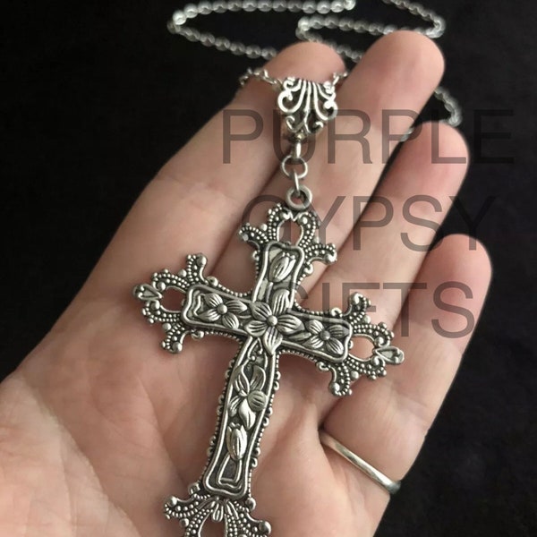 Large Victorian Cross Necklace Long 30” Chain God Silver Religious Gothic Jesus Celtic style crucifix