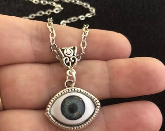 3D oval Eye Necklace Eyeball pendant on 18 inch chain Cameo Cabochon Charm Lucky Protection Gothic Horror Unusual