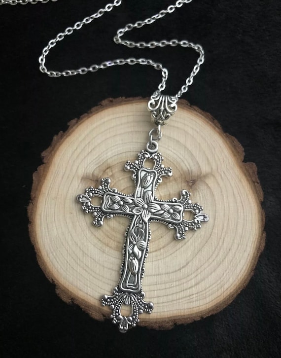Large Victorian Cross Necklace Long 30 Chain God Silver Religious Gothic Jesus Celtic Style Crucifix