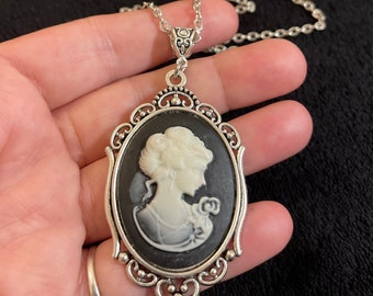 Extra grande Vintage Lady Cameo Colgante Cabujón Collar Negro 30" Steampunk Mujer Plata