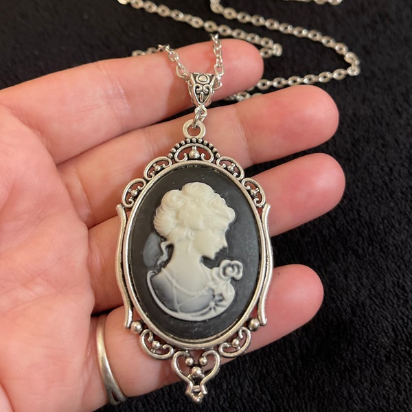 Extra large Vintage Lady Cameo Pendant Cabochon Black Necklace 30” Steampunk Woman Silver