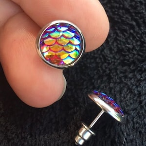 May include: A pair of iridescent mermaid scale stud earrings with silver posts. The scales are a rainbow of colours, including red, orange, yellow, green, blue, and purple.