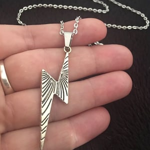 Lightning Bolt Necklace 24” Chain Silver Bowie Thunder Emo *UK*