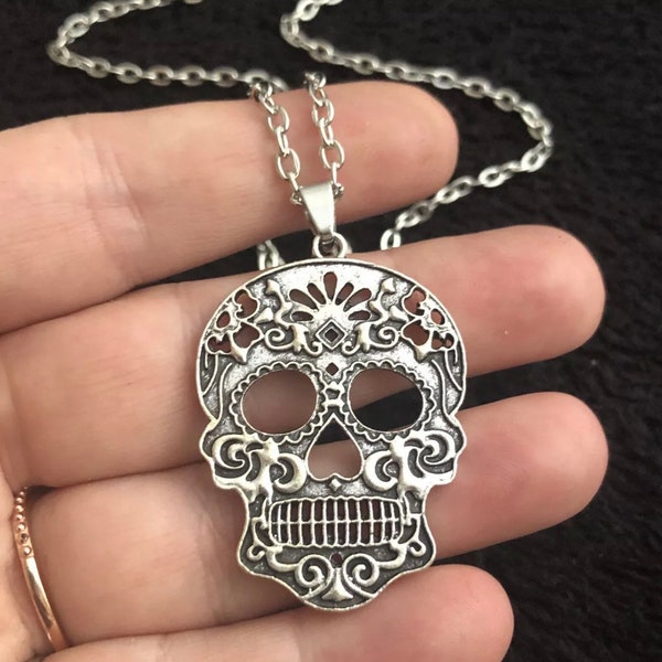 Large Sugar Skull Necklace 30inch long chain day of the dead pendant Flower rose Mexican Flower Sugar Coco Mexican El Día De Los Muertos