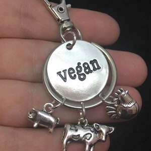 Veganer Geschenk-Anhänger-Schlüsselanhänger, veganer Schlüsselanhänger, Vegetarier, Liebe, Tiere, Kuh, Schwein, Huhn, CO2-Emissionen reduzieren, den Planeten retten, Fleisch ist Mord
