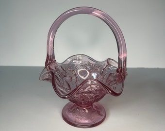 Fenton Glass Inverted Strawberry Etched Pink Opalescent Footed Basket