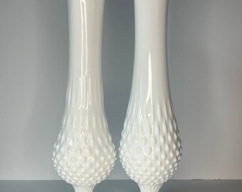 Fenton Swung Glass Vase White Milk Glass Hobnail 13.25" x 3.5" Vintage Pre 1970 (Set of Two)