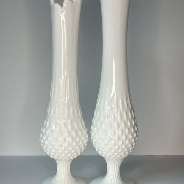 Fenton Swung Glass Vase White Milk Glass Hobnail 13.25" x 3.5" Vintage Pre 1970 (Set of Two)