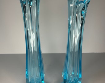 Vintage Westmoreland Blue 6-Sided Swung Bud Art Glass Vase (Set of Two)