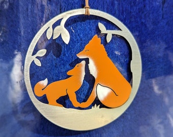 Foxes Ornament with optional customized greeting card - Mother's Day gift - stainless steel and hand painted - Made in USA